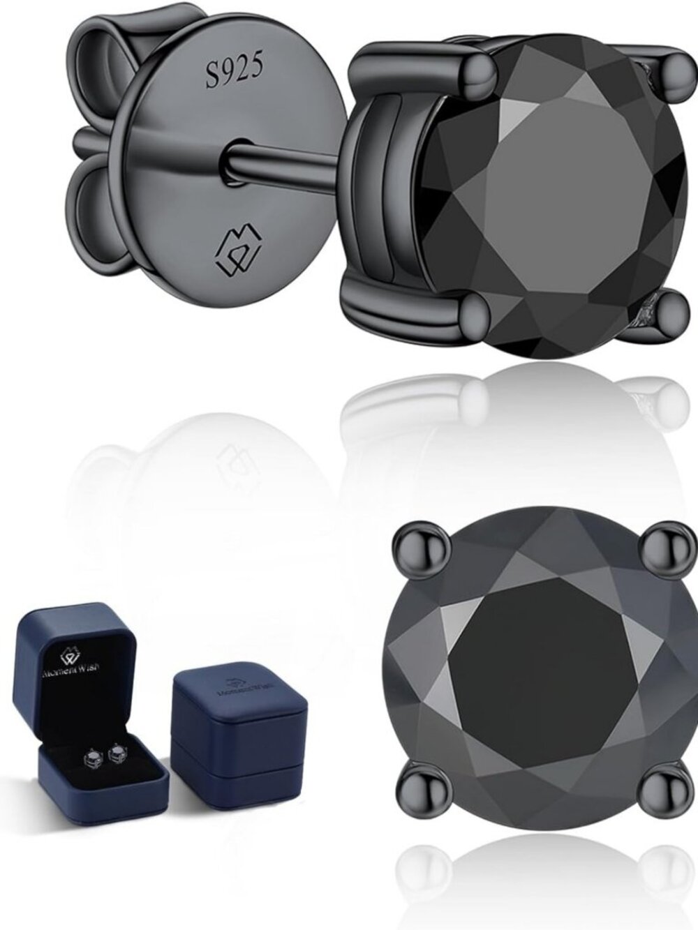 Stylish Black Moissanite Stud Earrings for Men & Women, 925 Sterling Silver, D